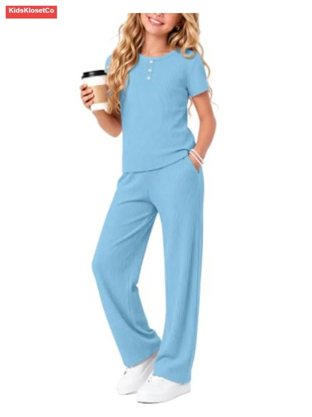 Girls Ribbed Cotton 2 Piece Outfit Set with Henley Top & Pants